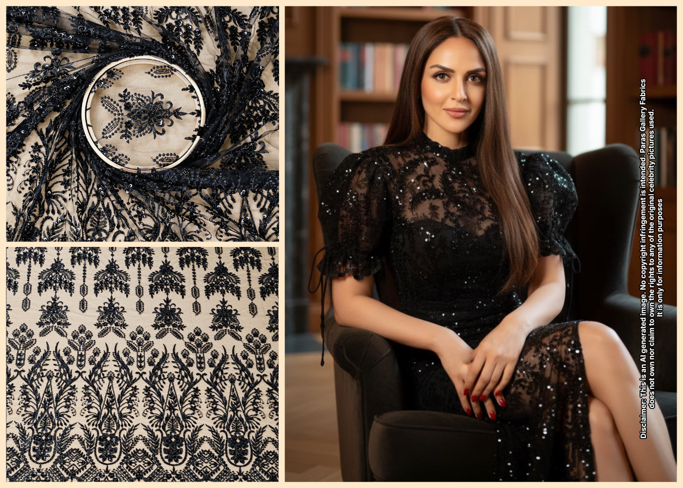 Esha Deol Inspired Edition | Black Embroidered Net Unstitched Fabric 15683