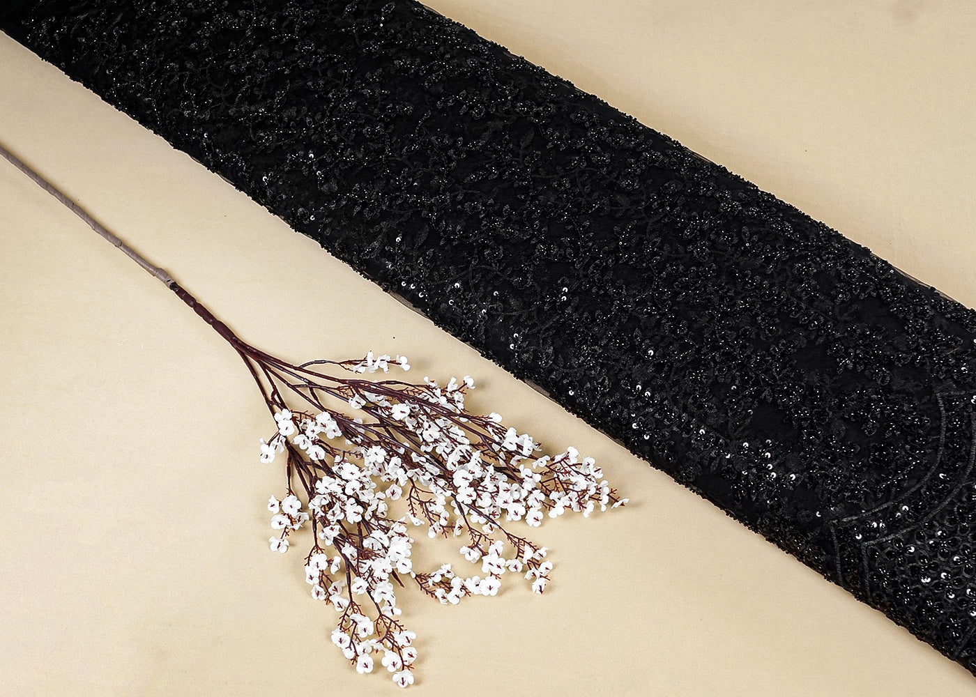 Black Imported Net Fabric with All-Over Thread and Sequins Work with One Side Heavy Border 15684