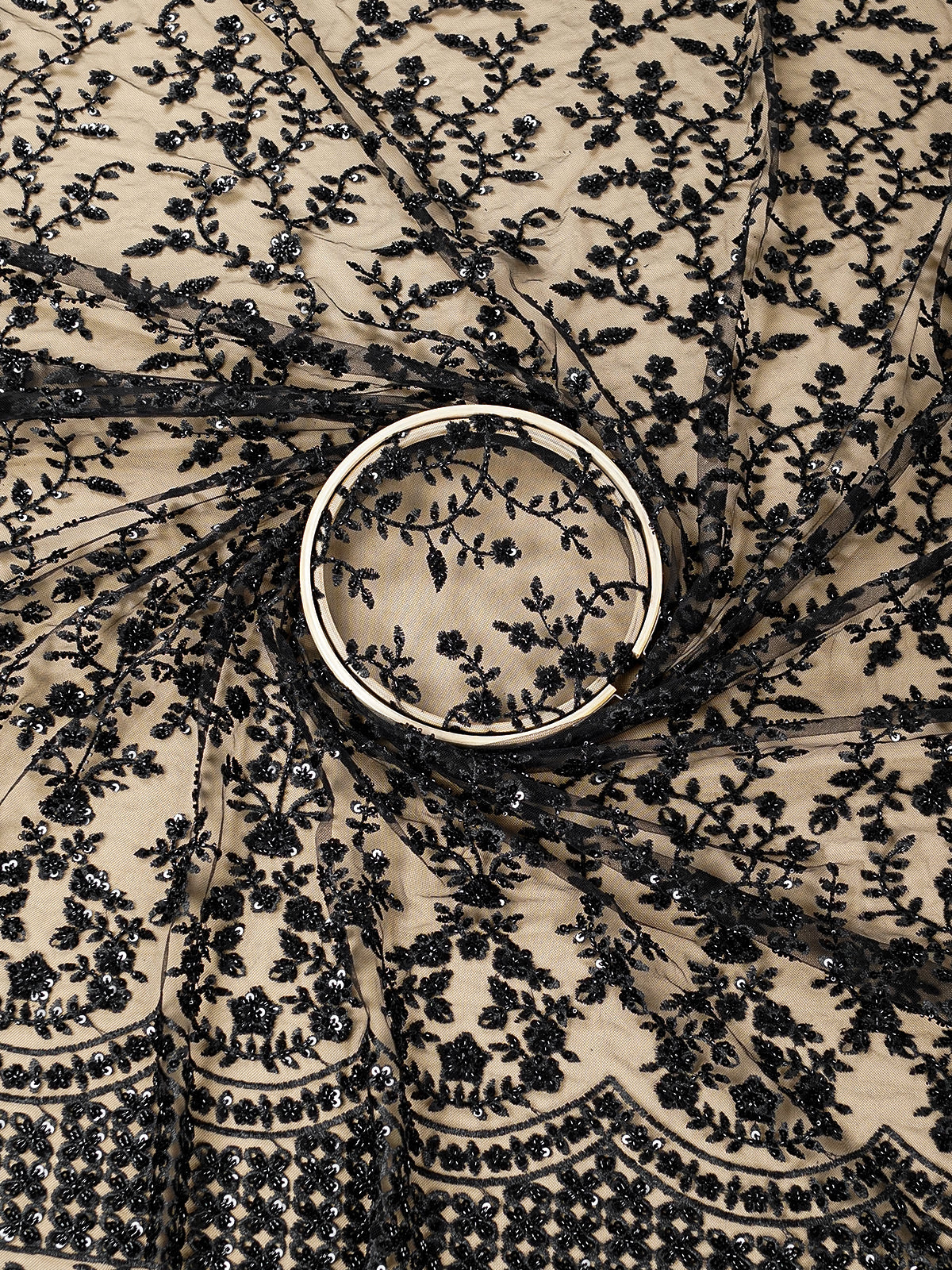 Black Imported Net Fabric with All-Over Thread and Sequins Work with One Side Heavy Border 15684