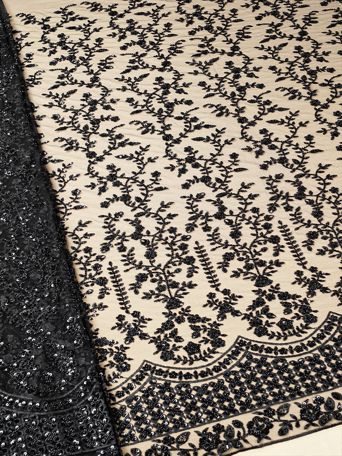 Black Imported Net Fabric with All-Over Thread and Sequins Work with One Side Heavy Border 15684