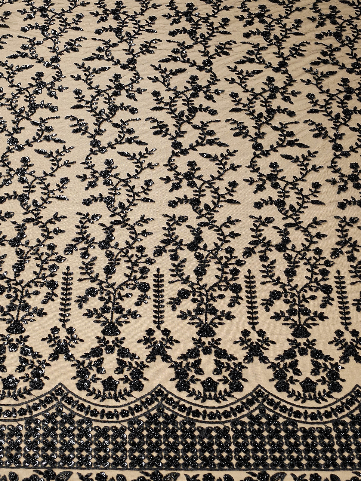 Black Imported Net Fabric with All-Over Thread and Sequins Work with One Side Heavy Border 15684