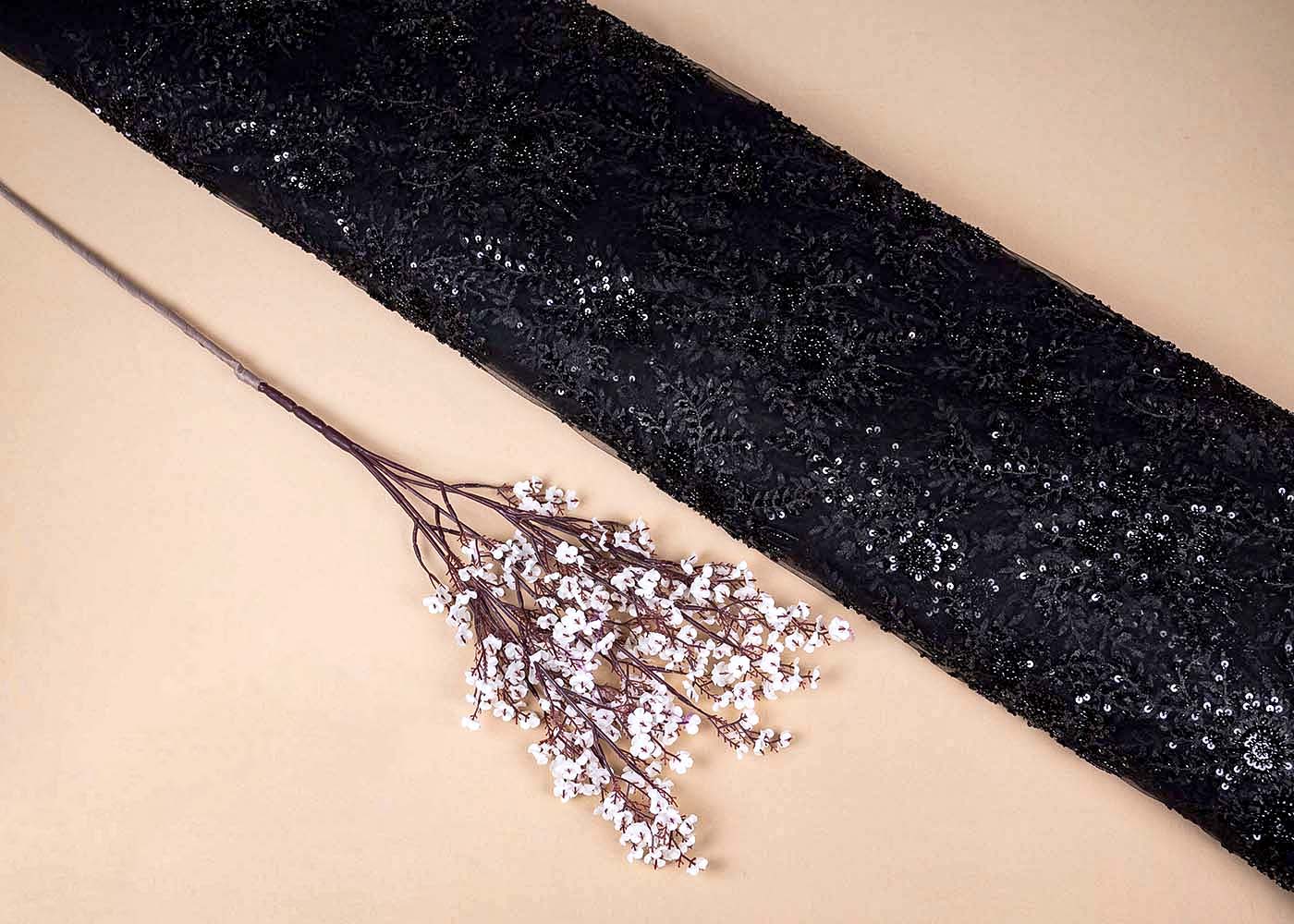 Black Imported Net with All-Over Thread, Sequins & Bead Work + One-Side Scalloped Border 15685