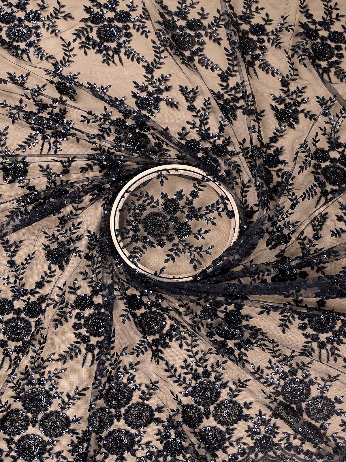 Black Imported Net with All-Over Thread, Sequins & Bead Work + One-Side Scalloped Border 15685