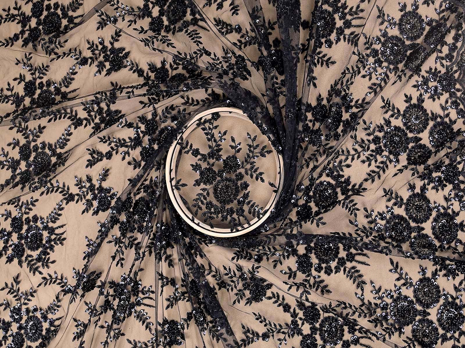 Black Imported Net with All-Over Thread, Sequins & Bead Work + One-Side Scalloped Border 15685