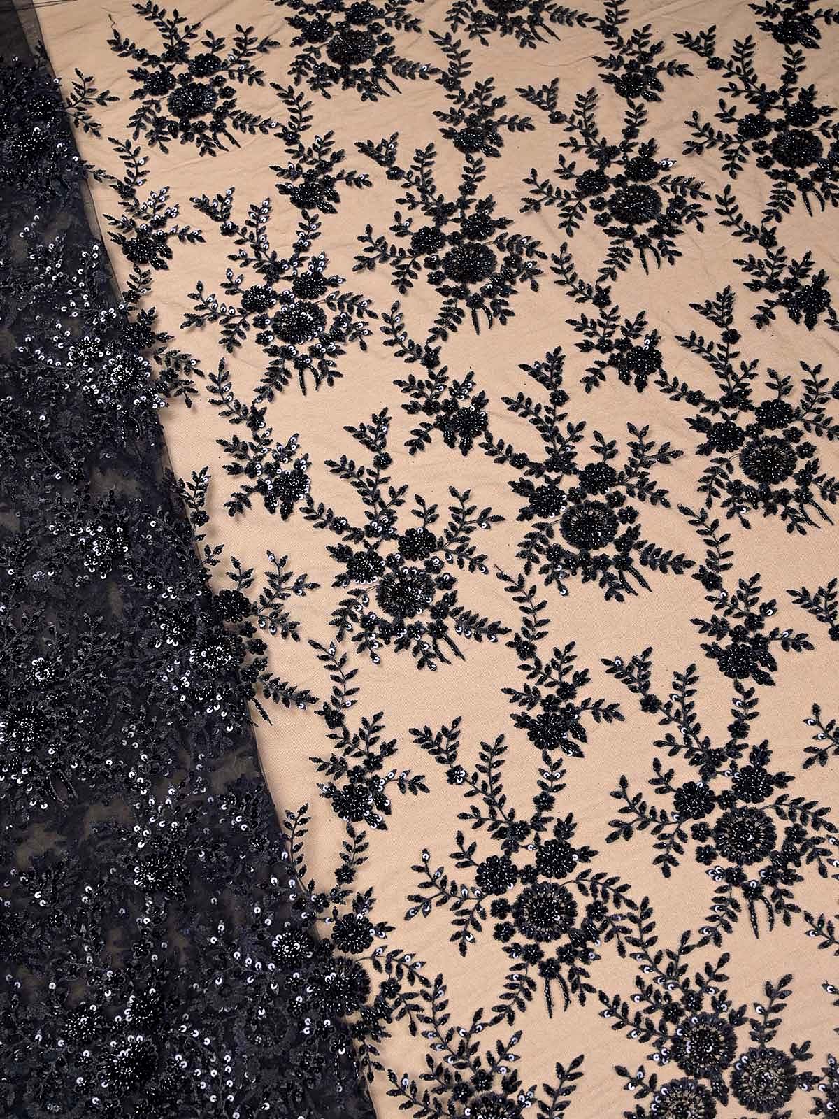 Black Imported Net with All-Over Thread, Sequins & Bead Work + One-Side Scalloped Border 15685