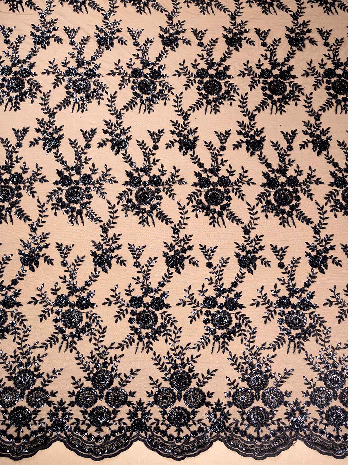 Black Imported Net with All-Over Thread, Sequins & Bead Work + One-Side Scalloped Border 15685