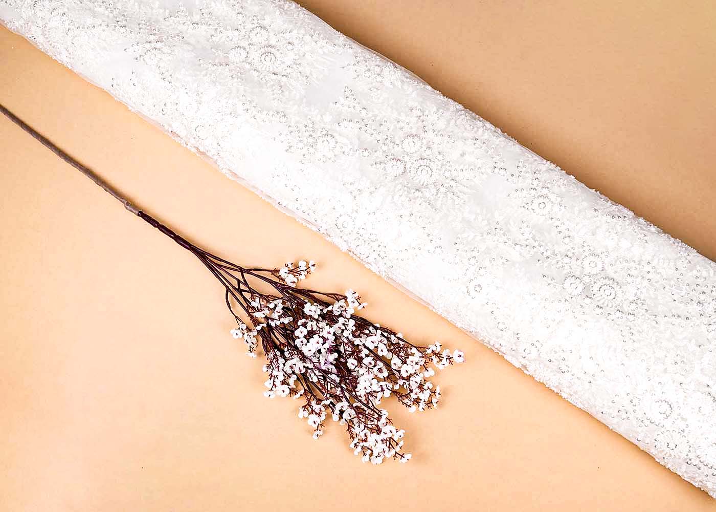 White Imported Net with All-Over Thread, Sequins & Bead Work + One-Side Scalloped Border 15686