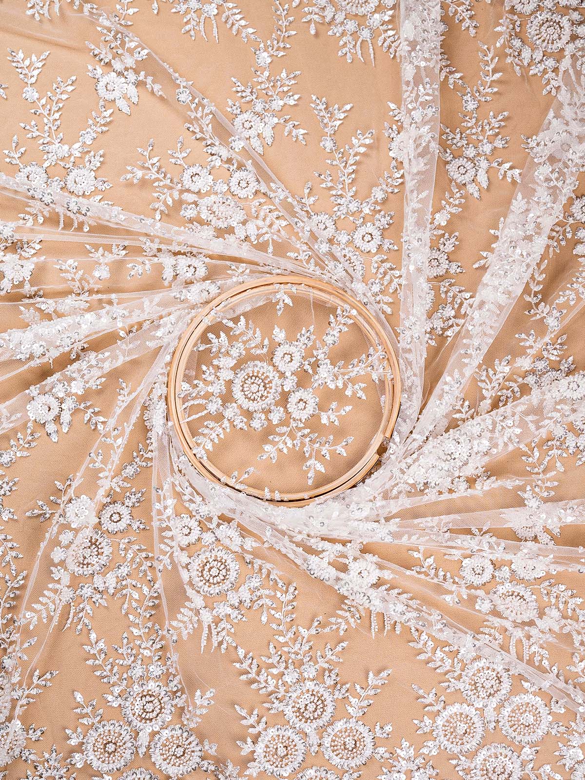 White Imported Net with All-Over Thread, Sequins & Bead Work + One-Side Scalloped Border 15686