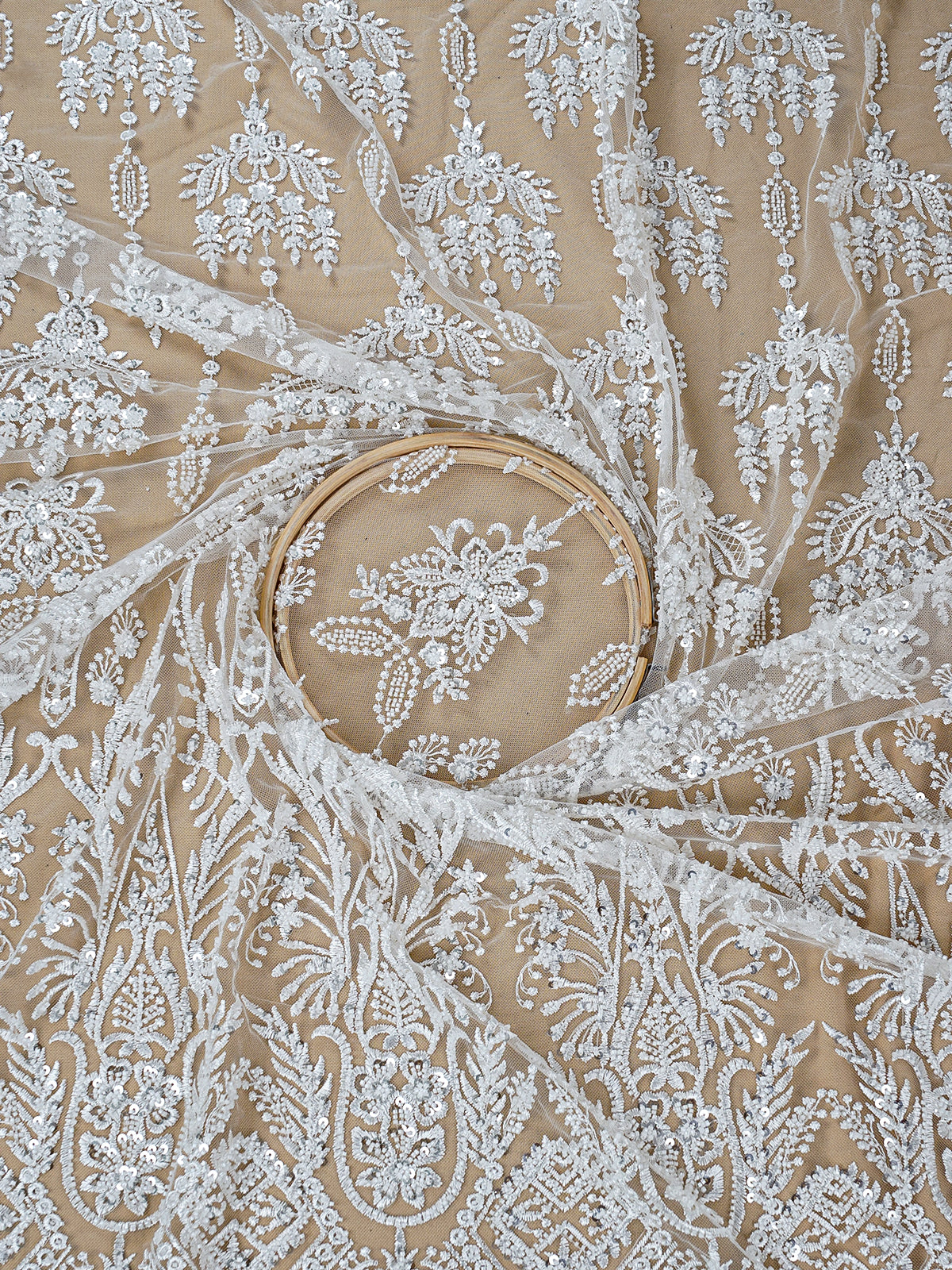 White Imported Net Fabric with All-Over Thread, Bead, and Sequins Work with One Side Heavy Border 15687