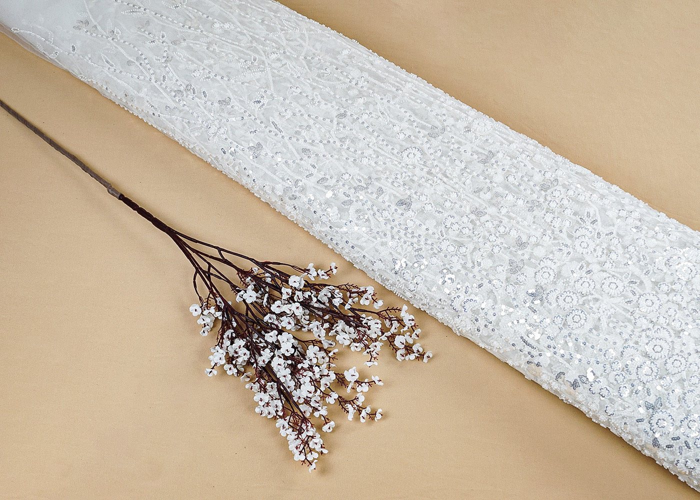 White Imported Net Fabric with All-Over Thread and Sequins Work with One Side Heavy Border 15688