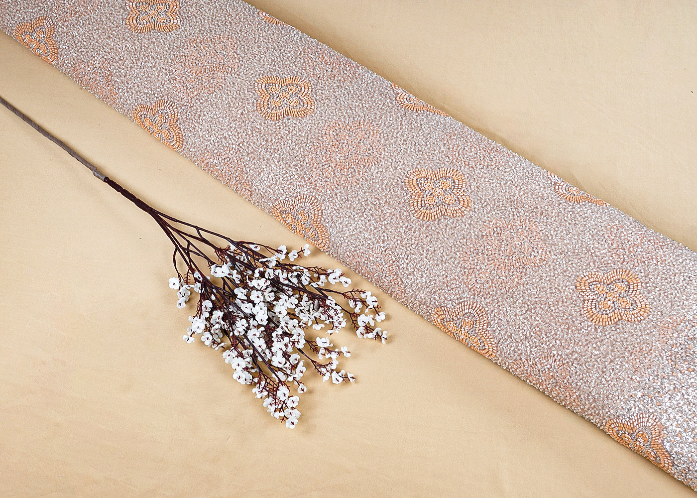Beige Imported Net Fabric with All-Over Sequins and Katdana Work 15691