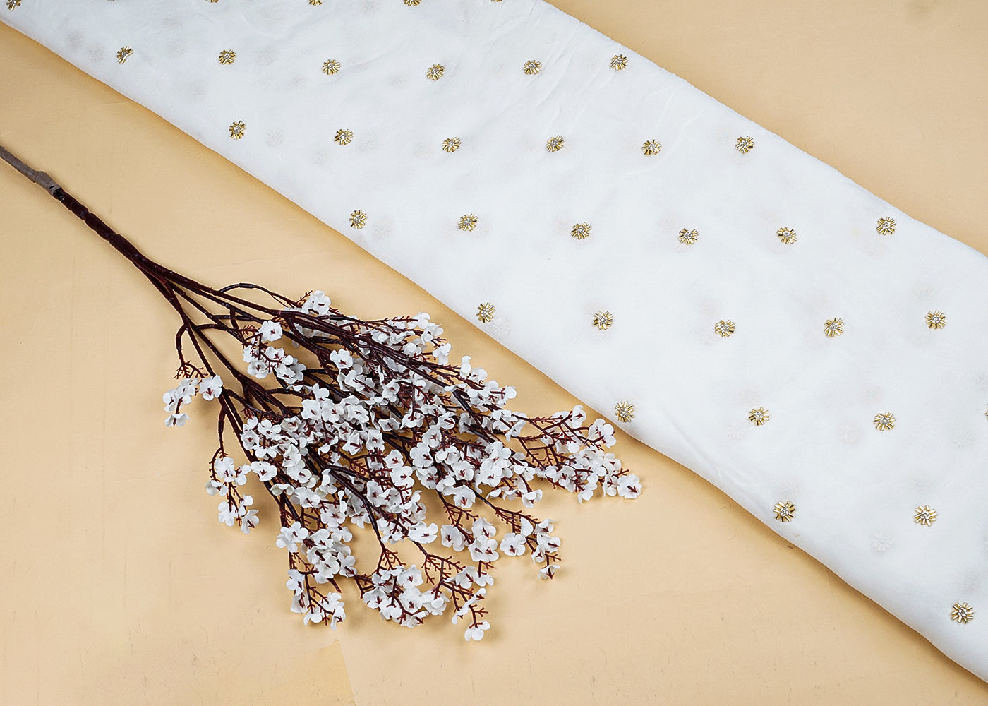 White Georgette Fabric with All-Over Golden Katdana Work 15703