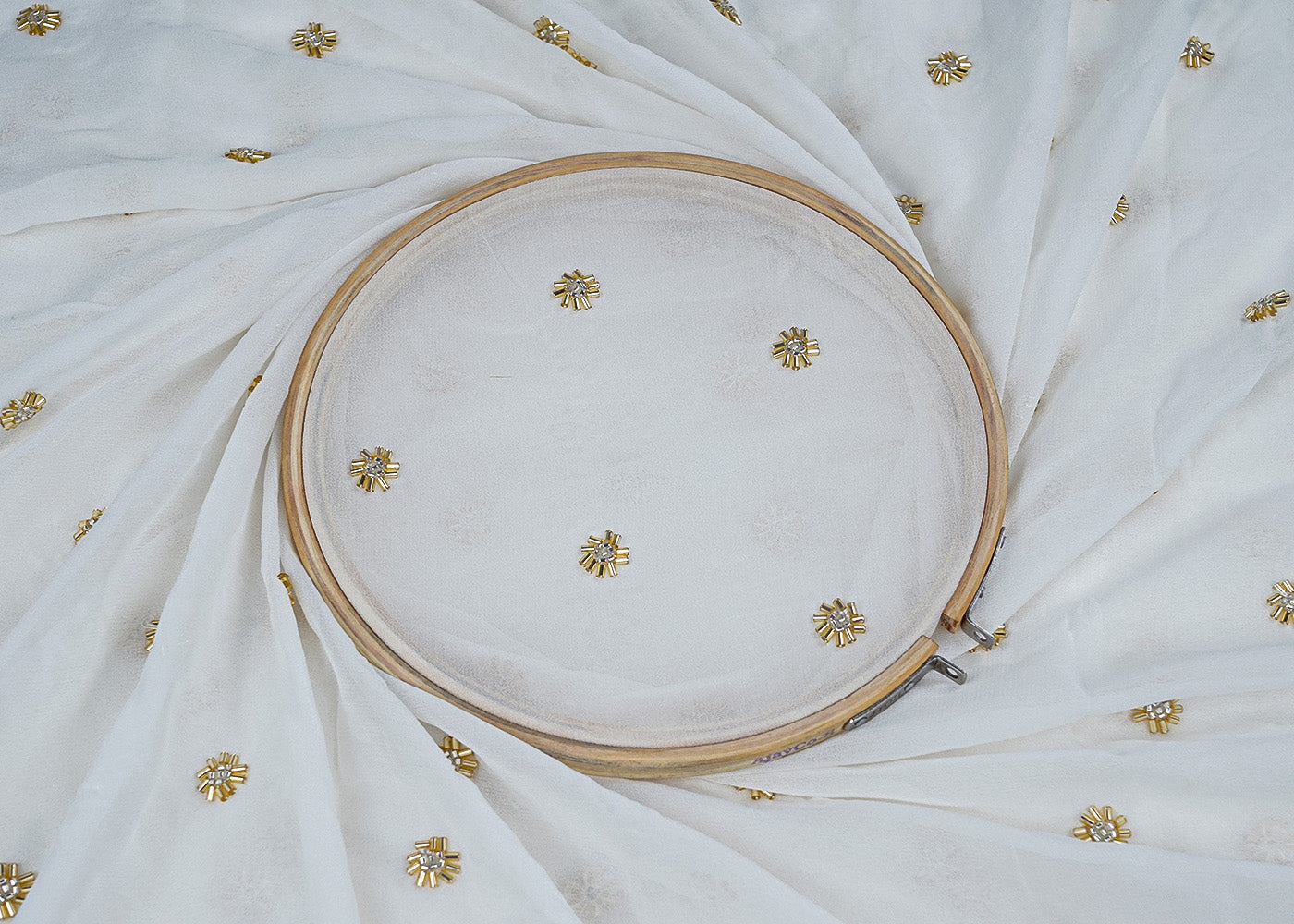 White Georgette Fabric with All-Over Golden Katdana Work 15703