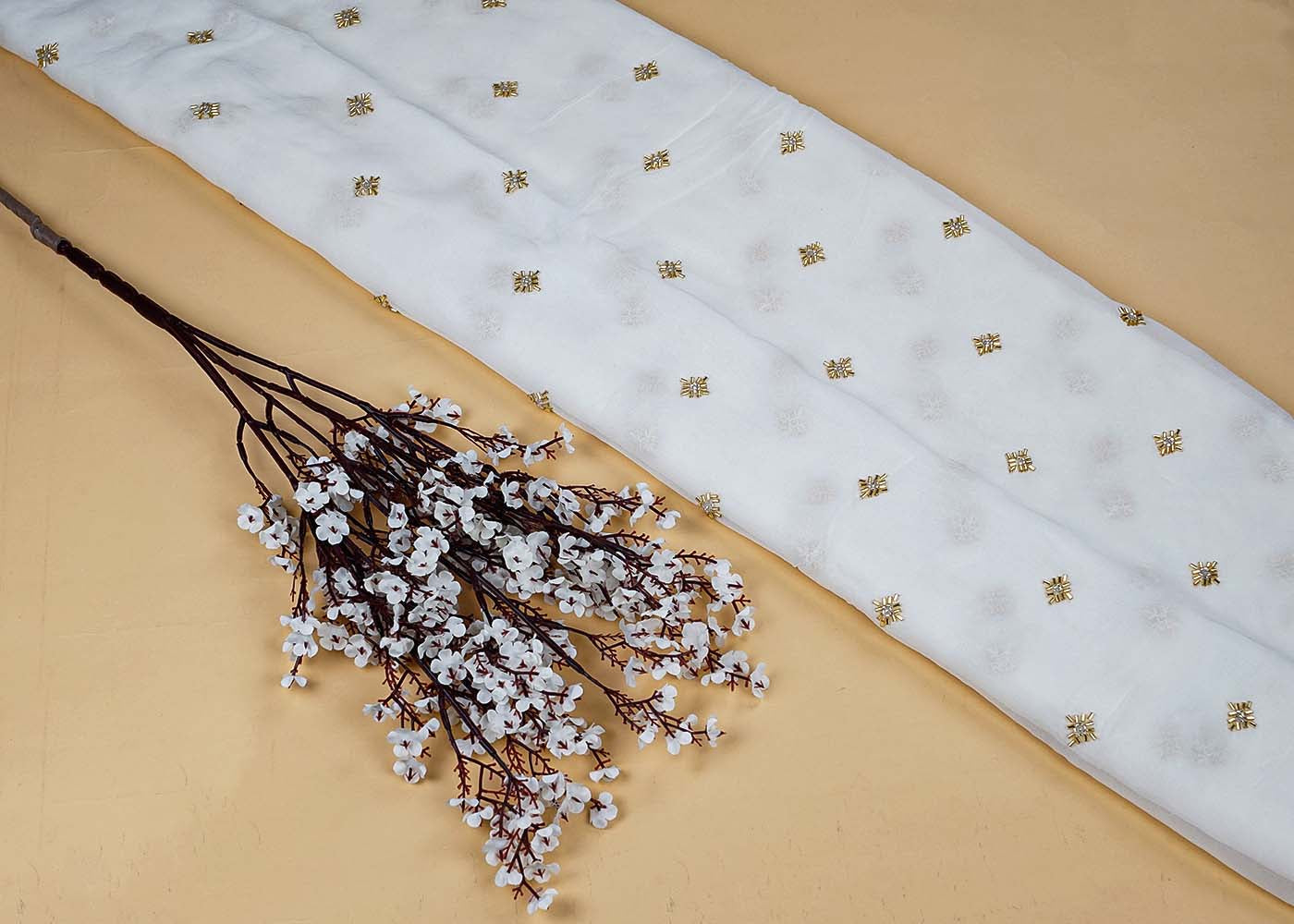 White Georgette Fabric with All-Over Golden Katdana Work 15705