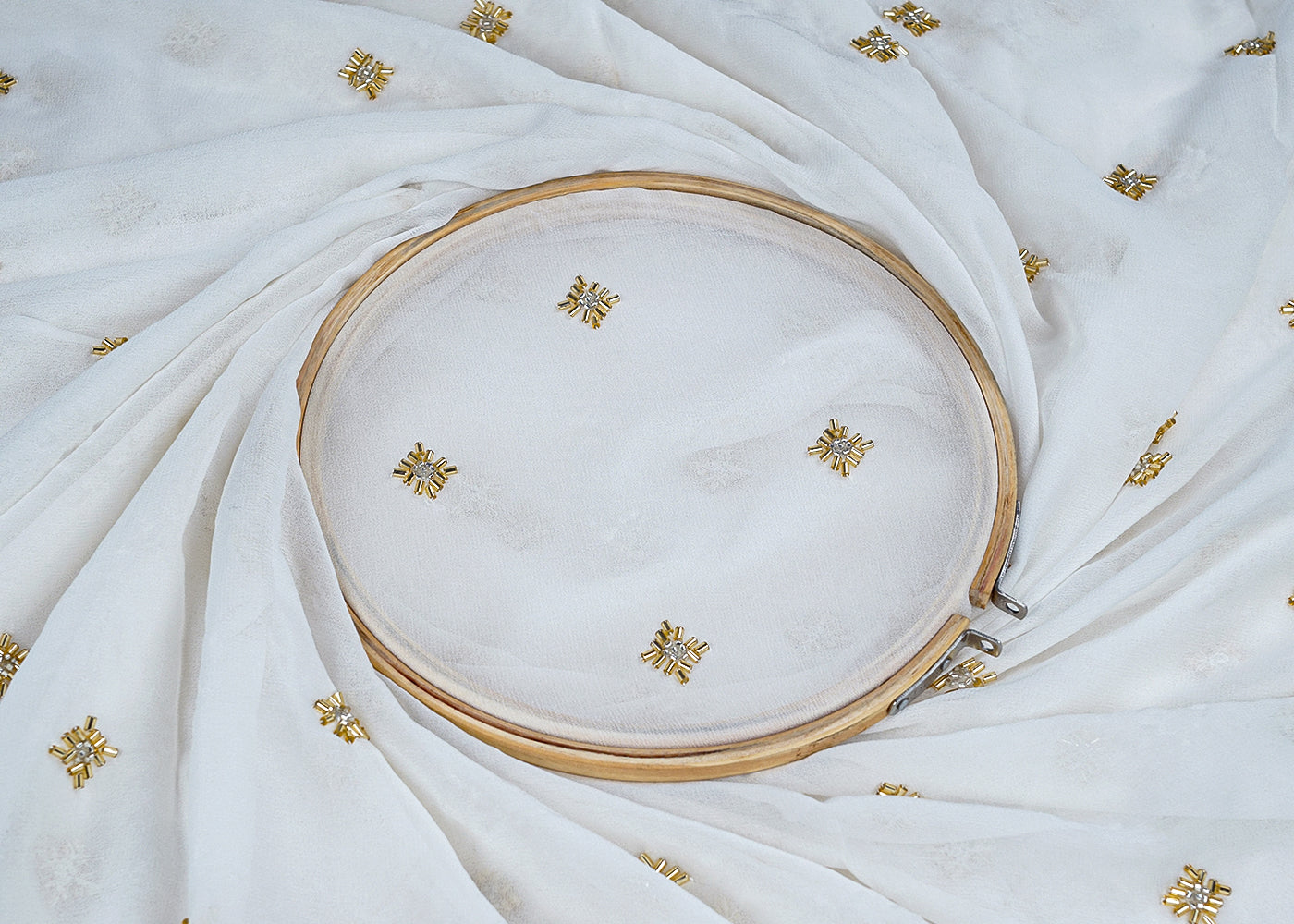 White Georgette Fabric with All-Over Golden Katdana Work 15705