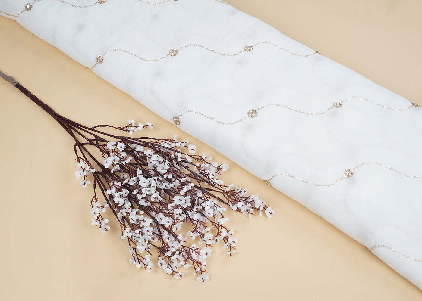 White Georgette Fabric with All-Over Katdana and Bead Work 15706