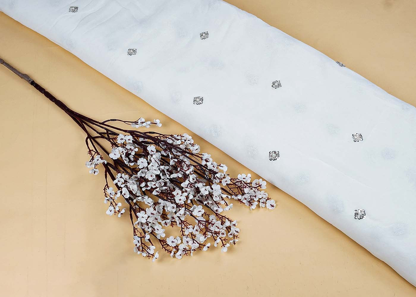 White Georgette Fabric with All-Over Katdana and Silver Sequins Work 15707