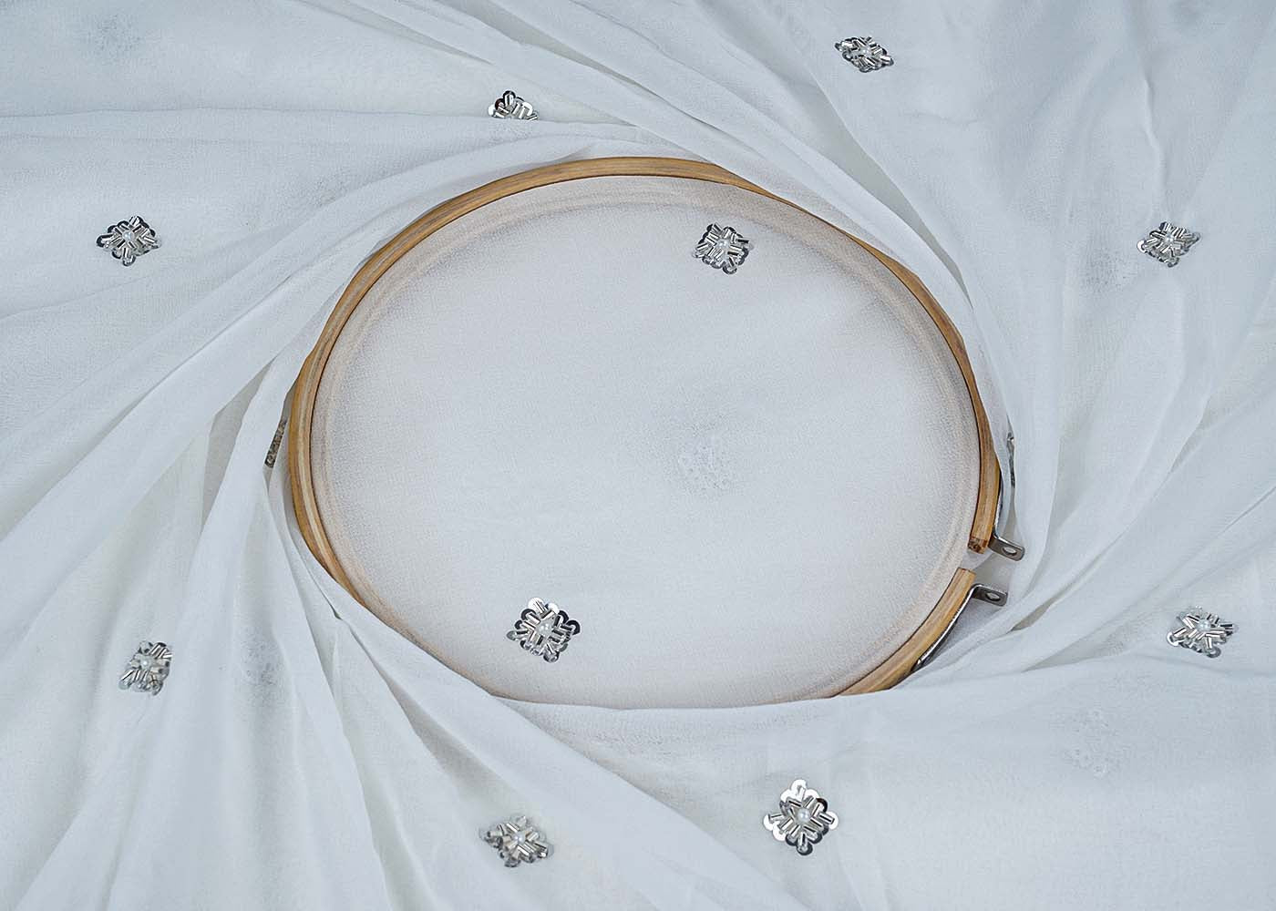 White Georgette Fabric with All-Over Katdana and Silver Sequins Work 15707