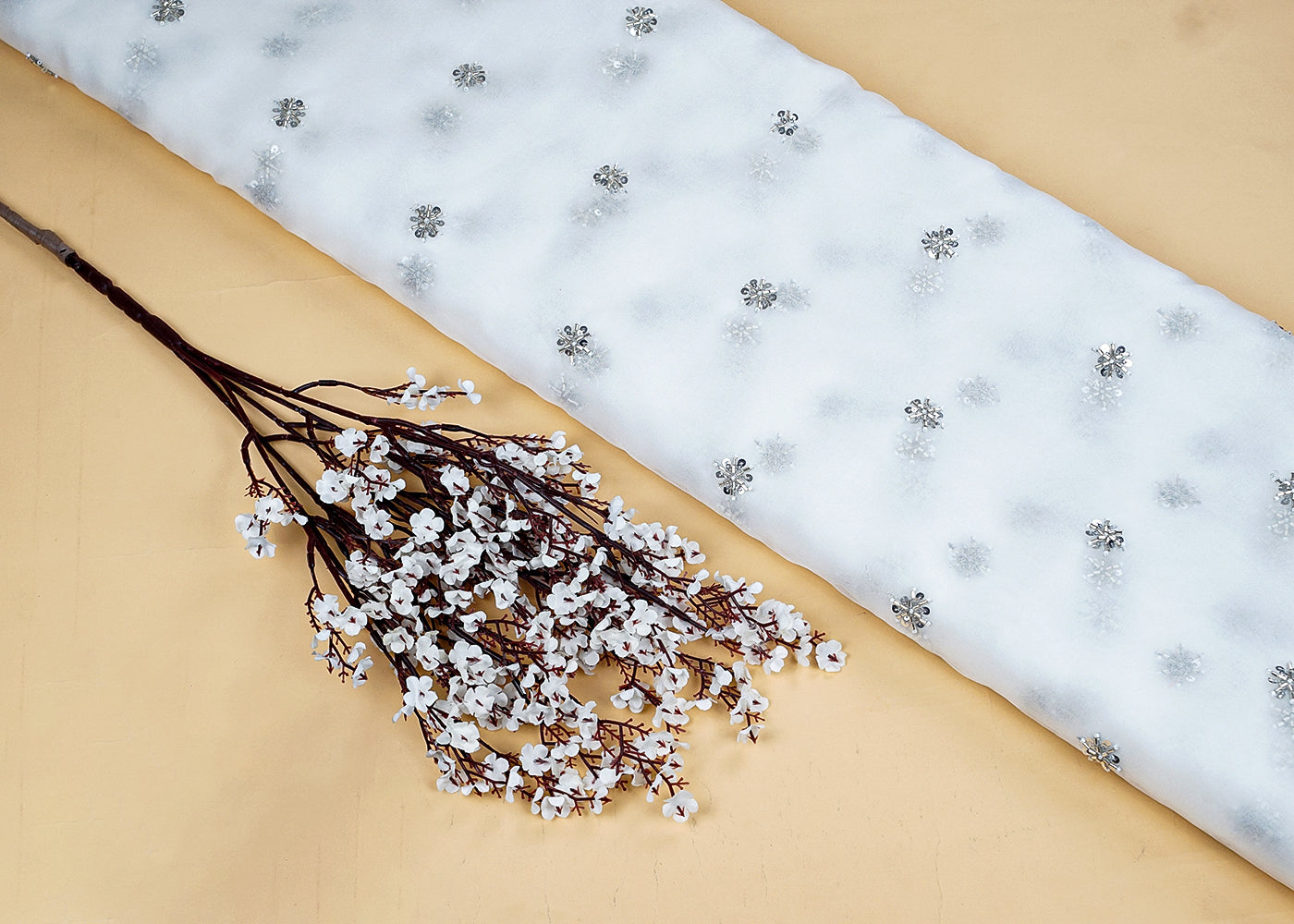 White Organza Fabric with All-Over Katdana and Silver Sequins Work 15710