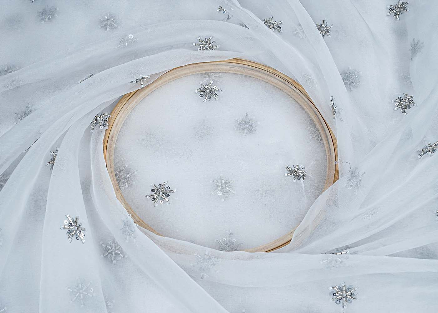 White Organza Fabric with All-Over Katdana and Silver Sequins Work 15710
