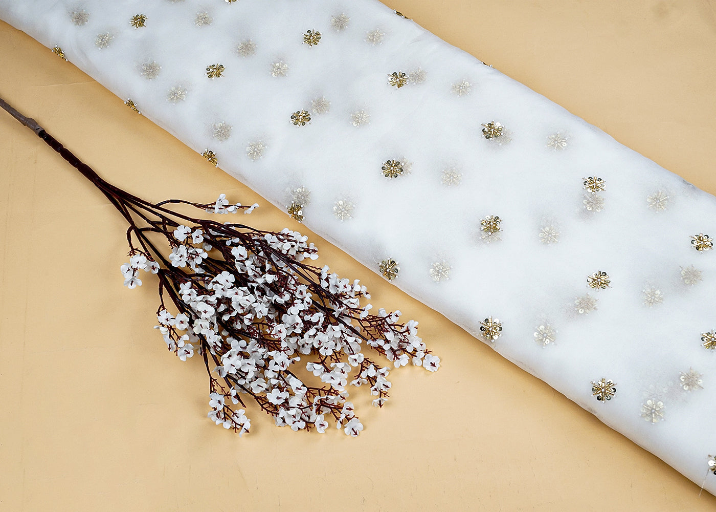 White Organza Fabric with All-Over Katdana and Golden Sequins Work 15711
