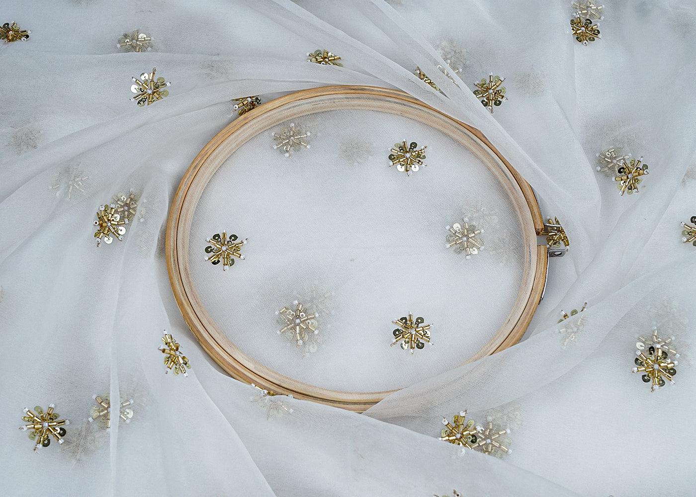 White Organza Fabric with All-Over Katdana and Golden Sequins Work 15711