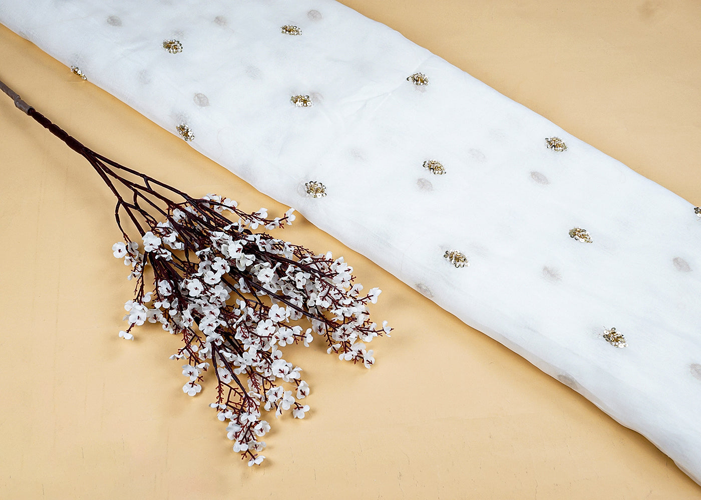 White Organza Fabric with All-Over Katdana and Golden Sequins Work 15712