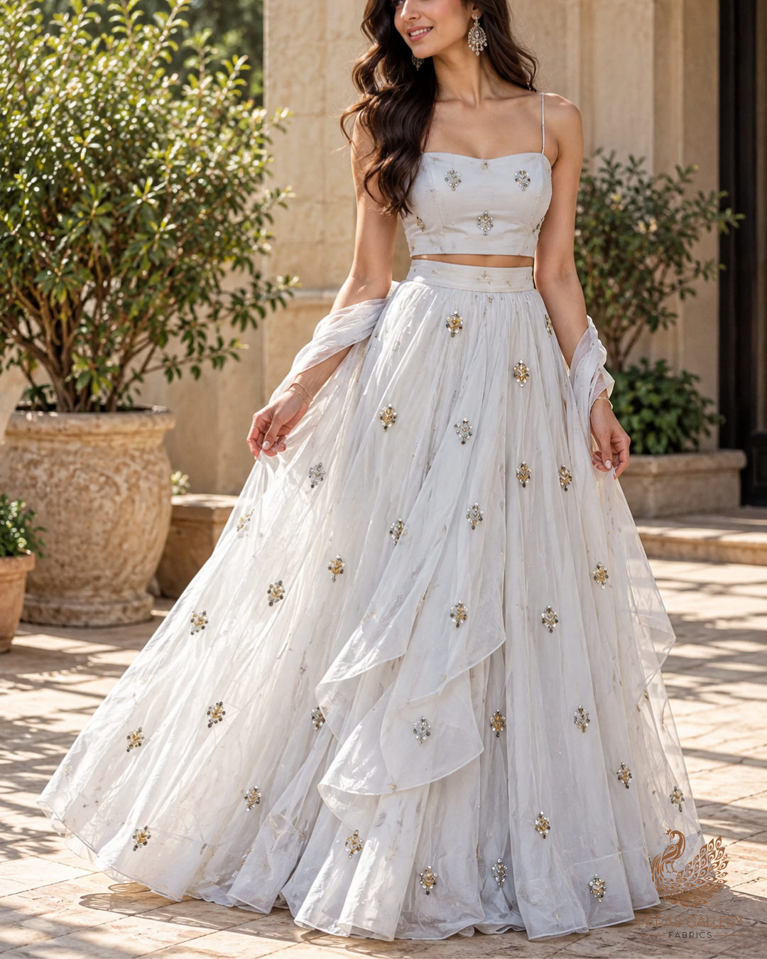 The Noor - White Organza Fabric with Katdana and Golden Sequins Work | 15712