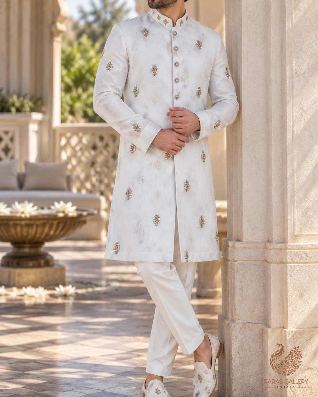 The Noor - White Organza Fabric with Katdana and Golden Sequins Work | 15712
