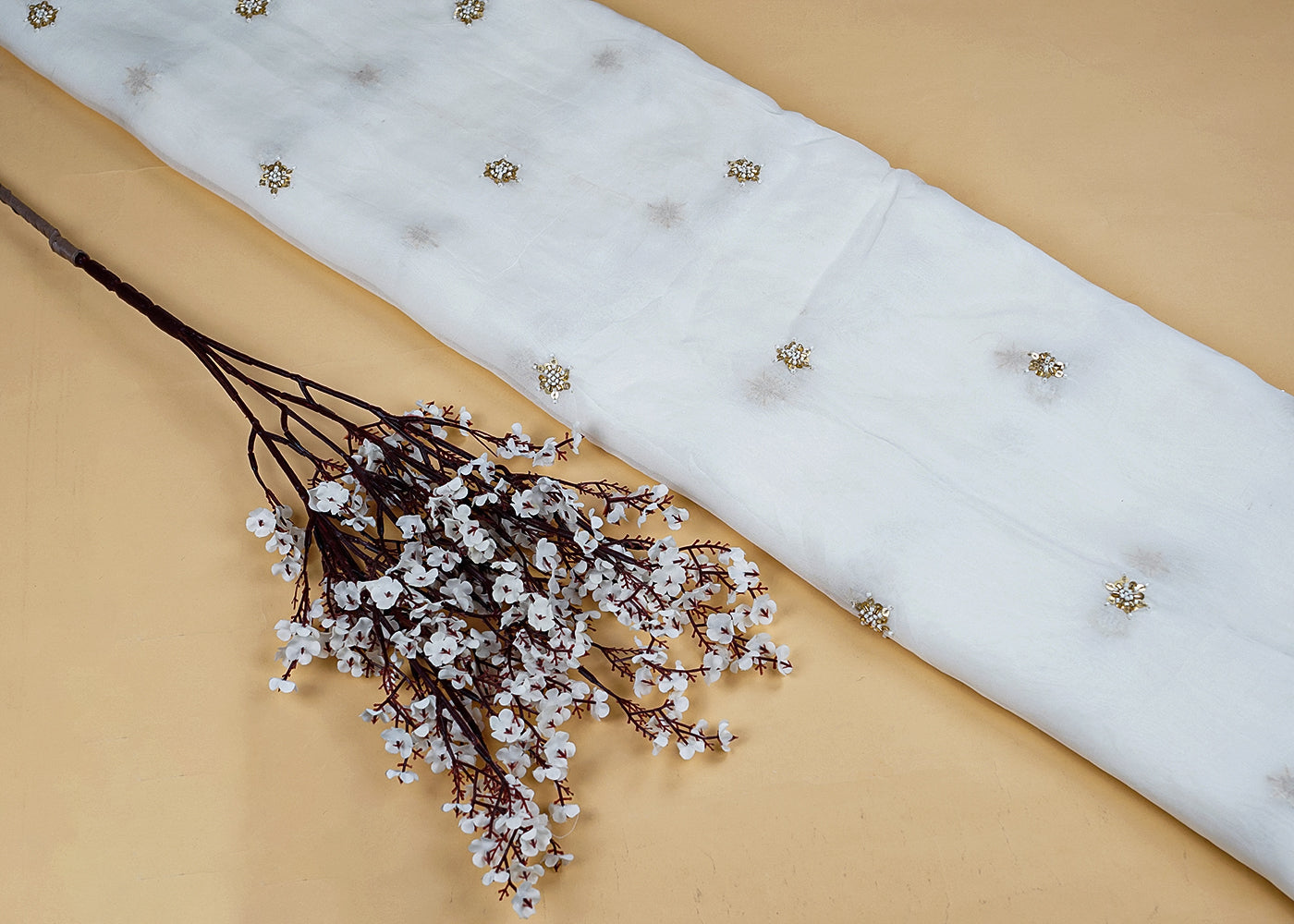 White Organza Fabric with All-Over Katdana and Golden Sequins Work 15713