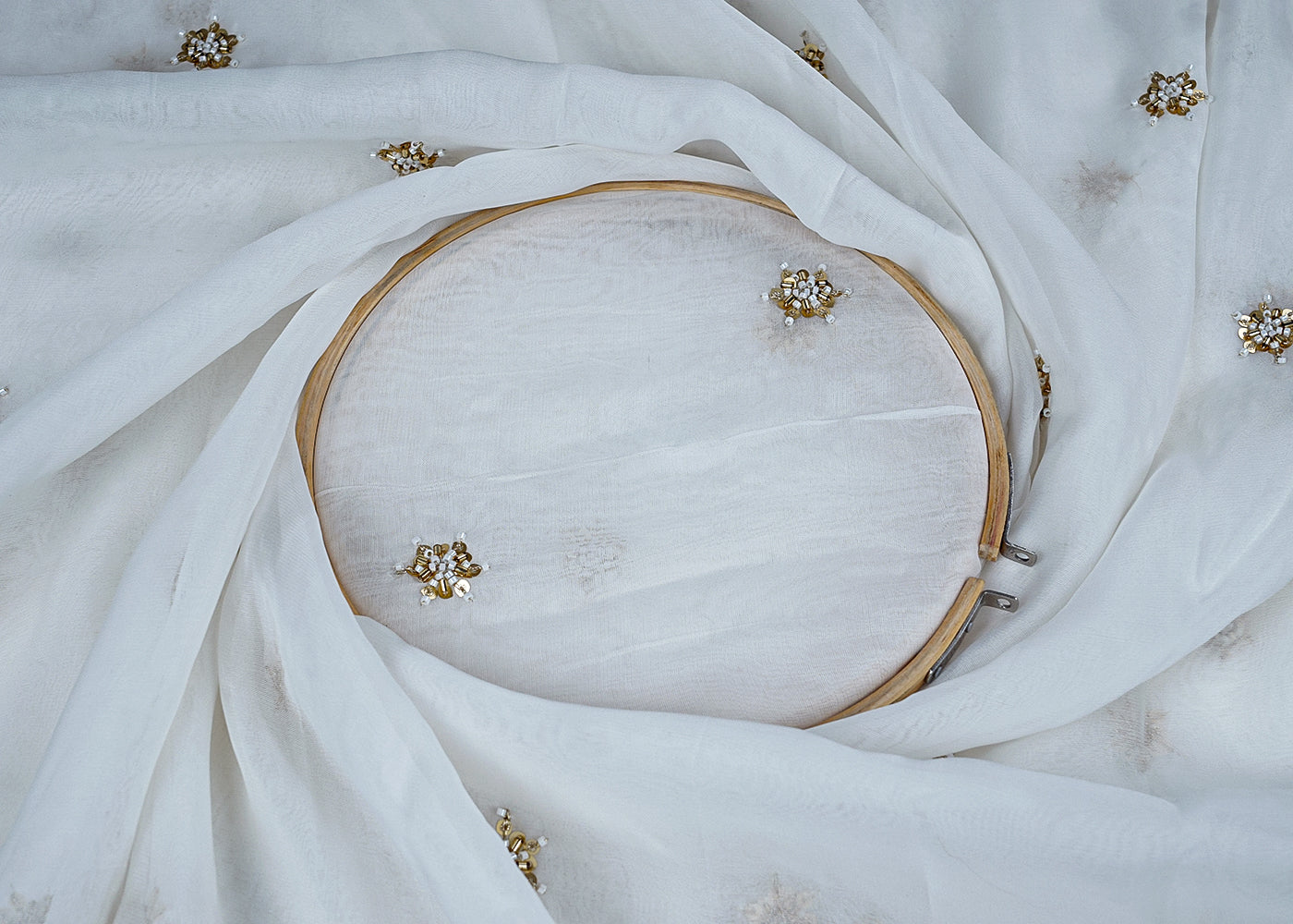 White Organza Fabric with All-Over Katdana and Golden Sequins Work 15713