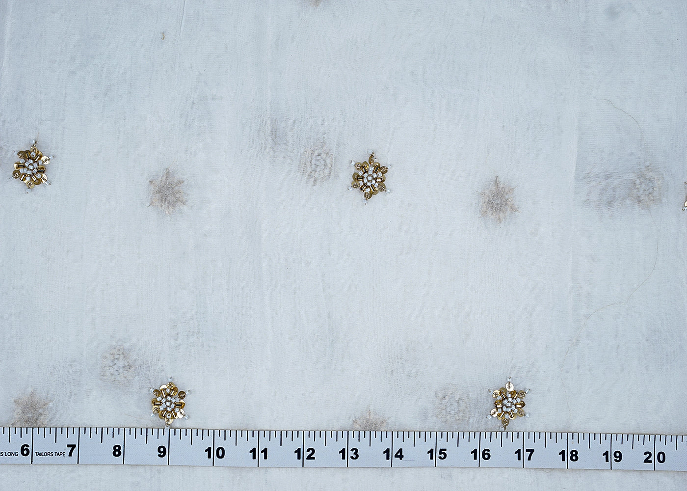 White Organza Fabric with All-Over Katdana and Golden Sequins Work 15713