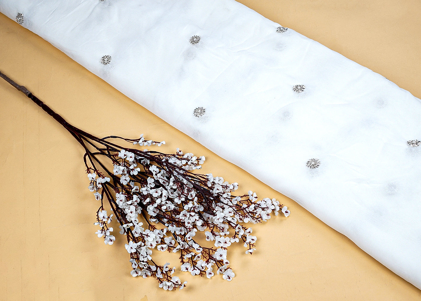 White Georgette Fabric with All-Over Katdana, Sequins, and Bead Work 15714