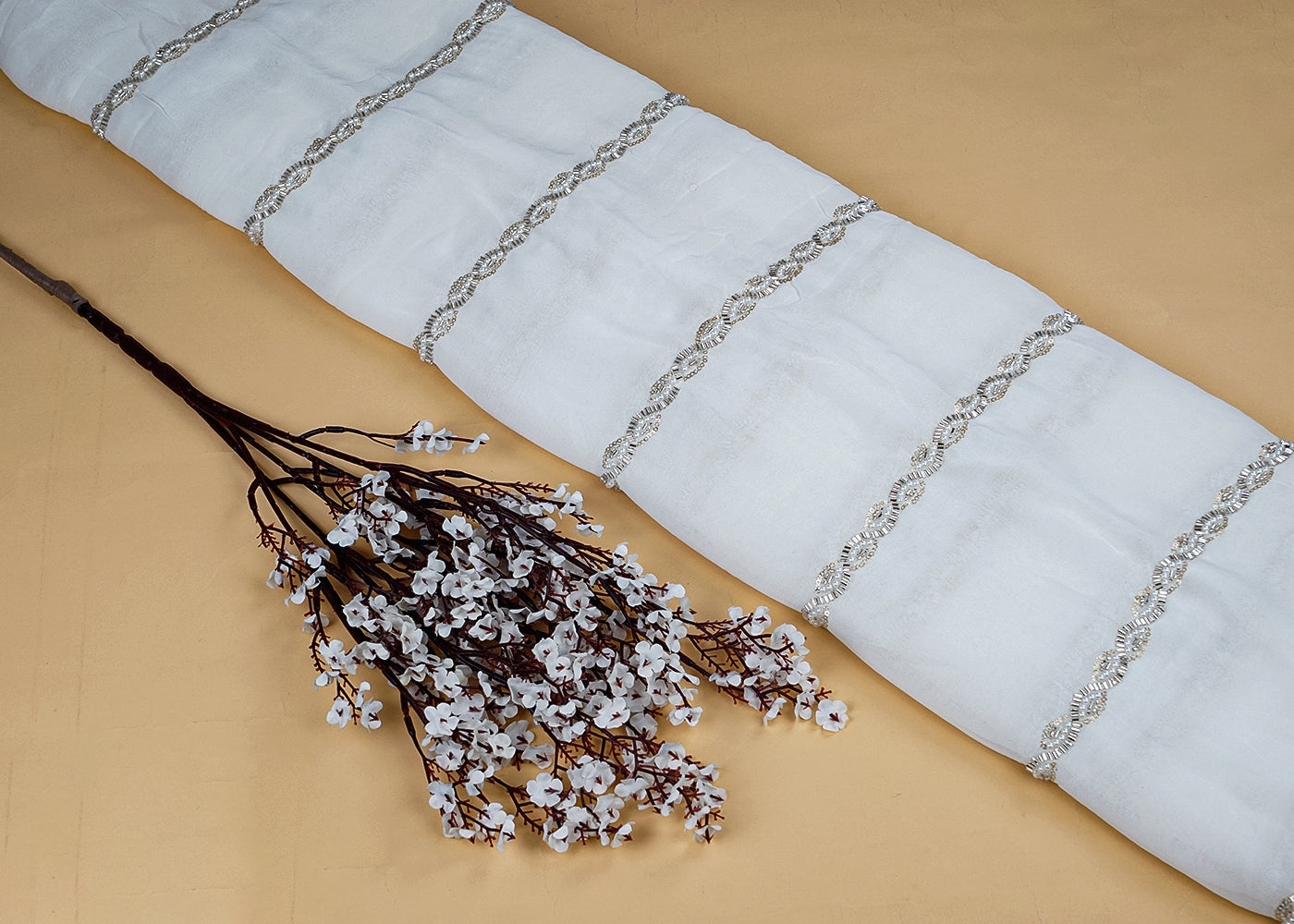 White Georgette Fabric with All-Over Sequins, Katdana, and Bead Work 15715