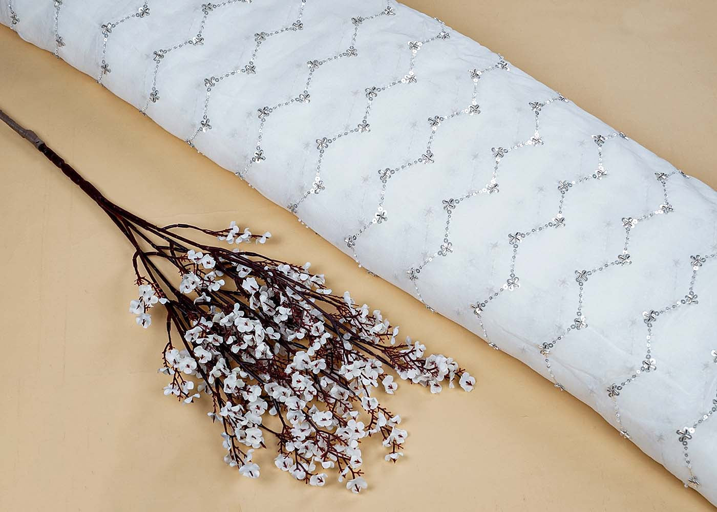 White Georgette Fabric with All-Over Katdana, Sequins, and Bead Work 15716