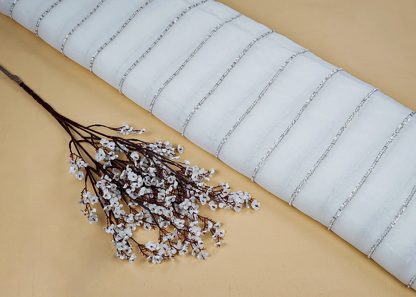 White Georgette Fabric with All-Over Katdana, Sequins, and Bead Work 15717