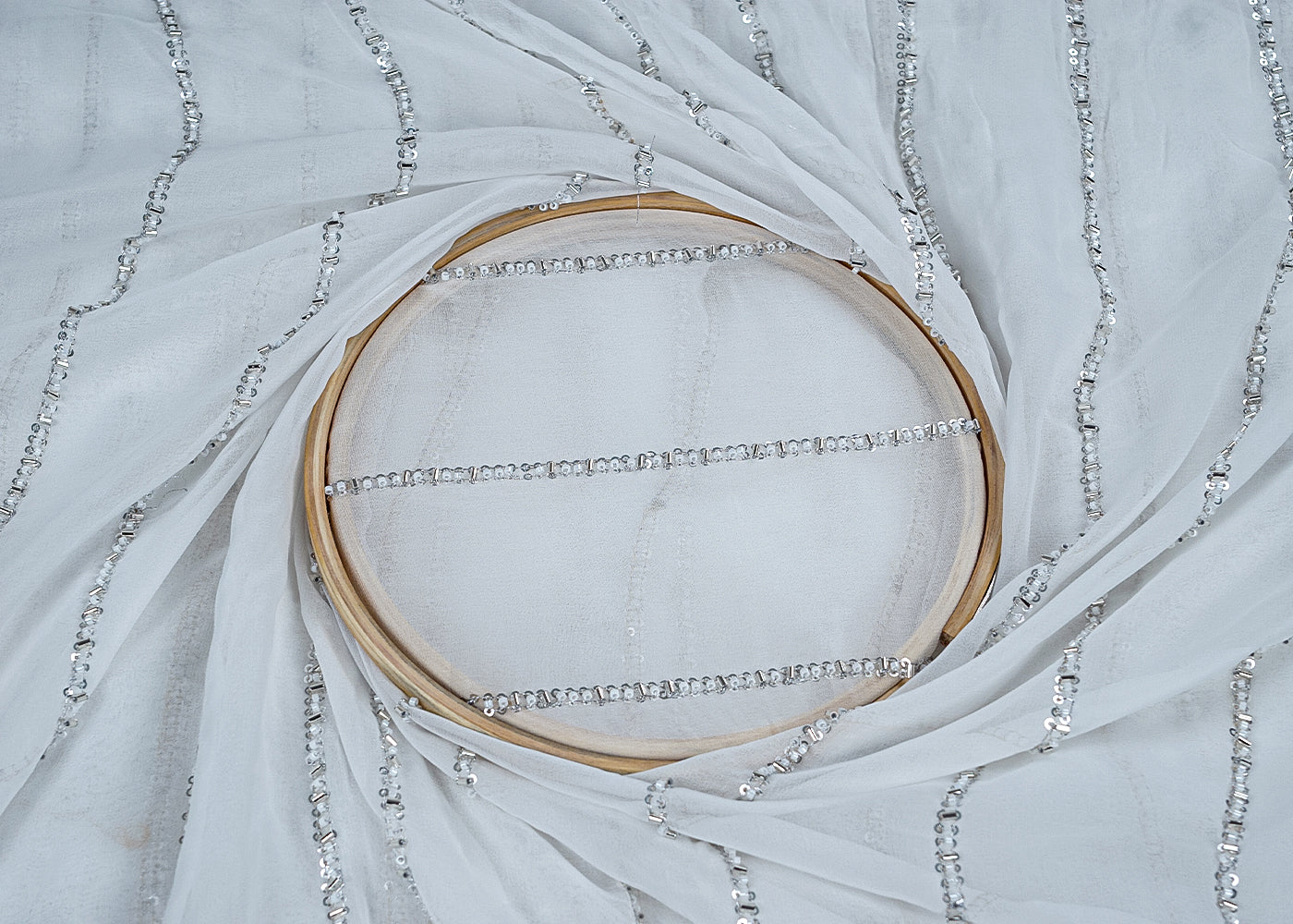 White Georgette Fabric with All-Over Katdana, Sequins, and Bead Work 15717