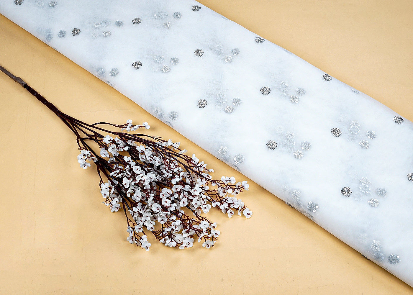 White Net Fabric with All-Over Sequins and Bead Work 15718