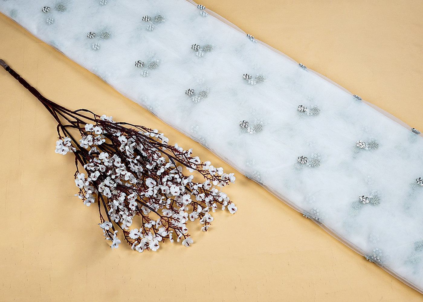 White Net Fabric with All-Over Sequins and Bead Work 15720