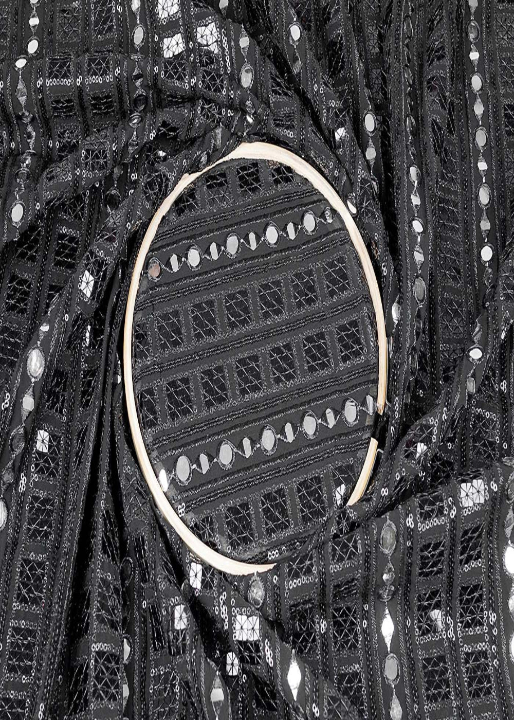 Black Georgette Fabric with All-Over Sequins and Mirror Work 15721