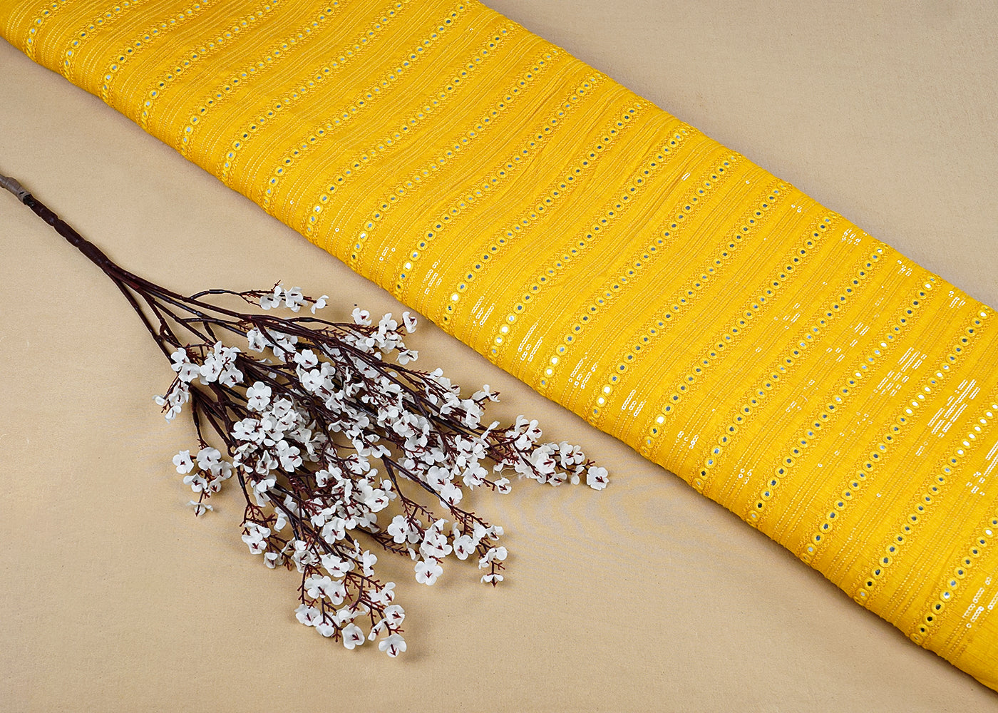 Yellow Dola Silk Fabric with All-Over Sequins and Faux Mirror Work 15722