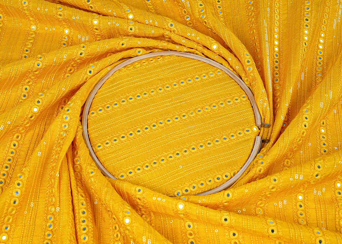 Yellow Dola Silk Fabric with All-Over Sequins and Faux Mirror Work 15722
