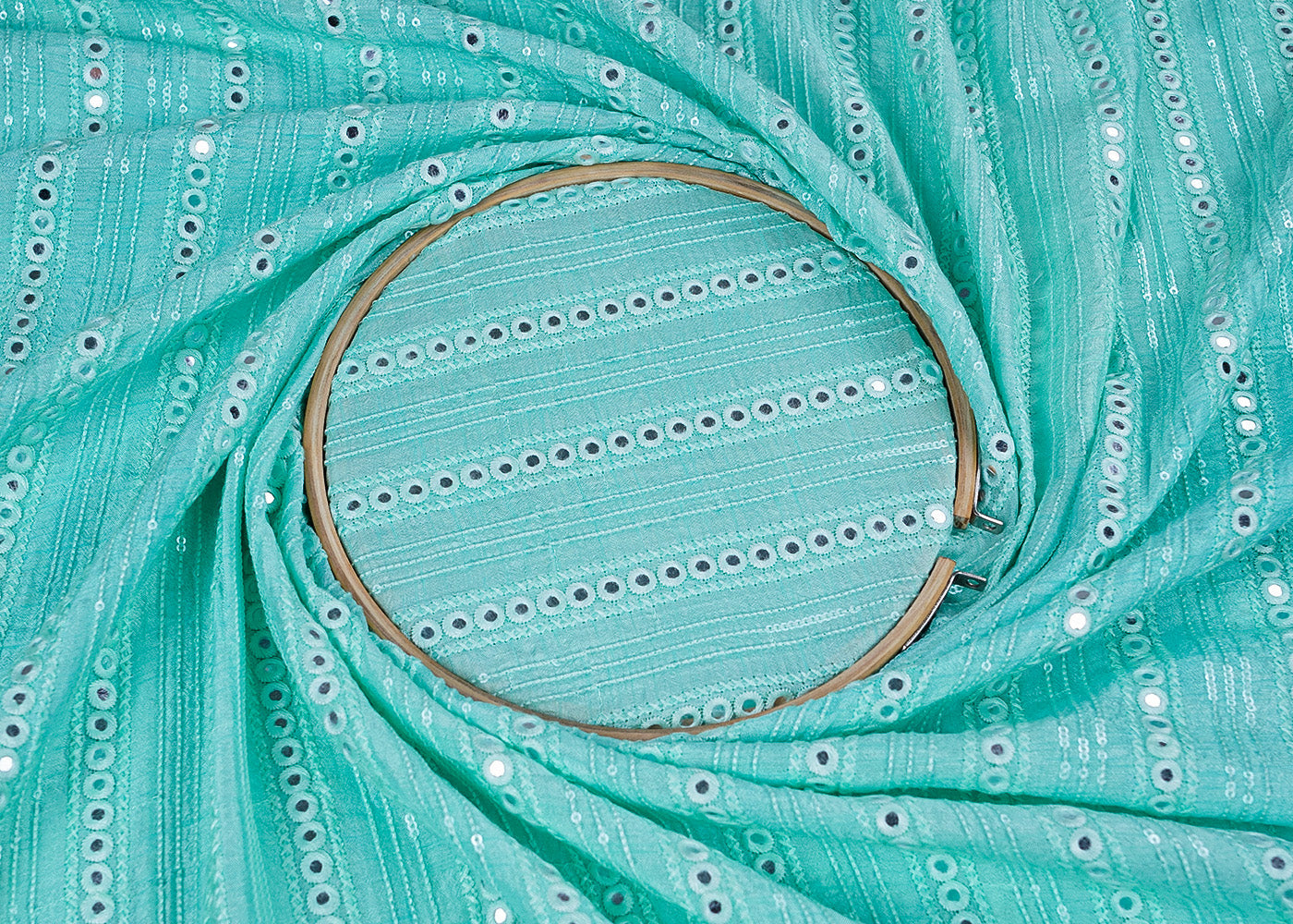 Aqua Blue Dola Silk Fabric with All-Over Sequins and Faux Mirror Work 15723
