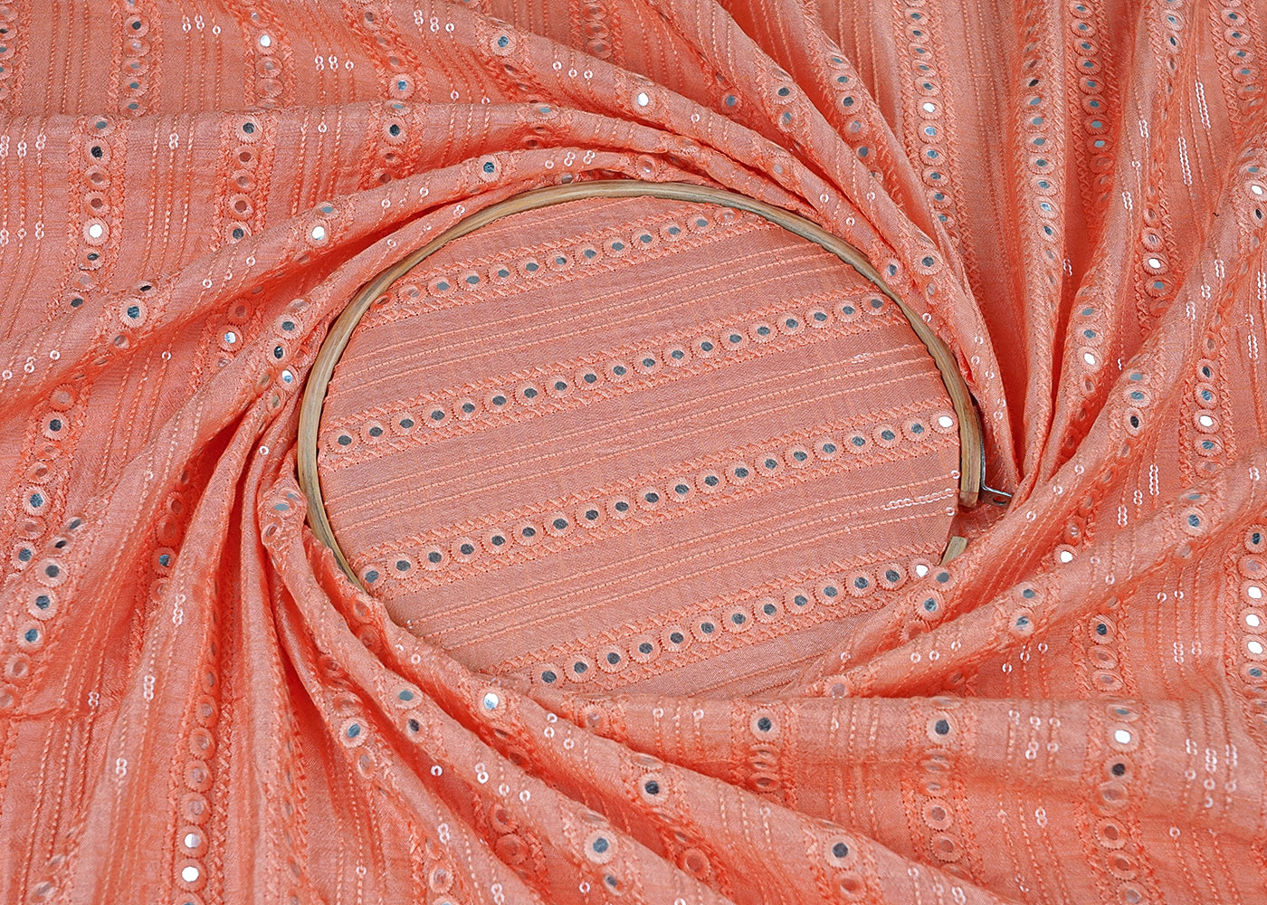 Peach Dola Silk Fabric with All-Over Sequins and Faux Mirror Work 15724
