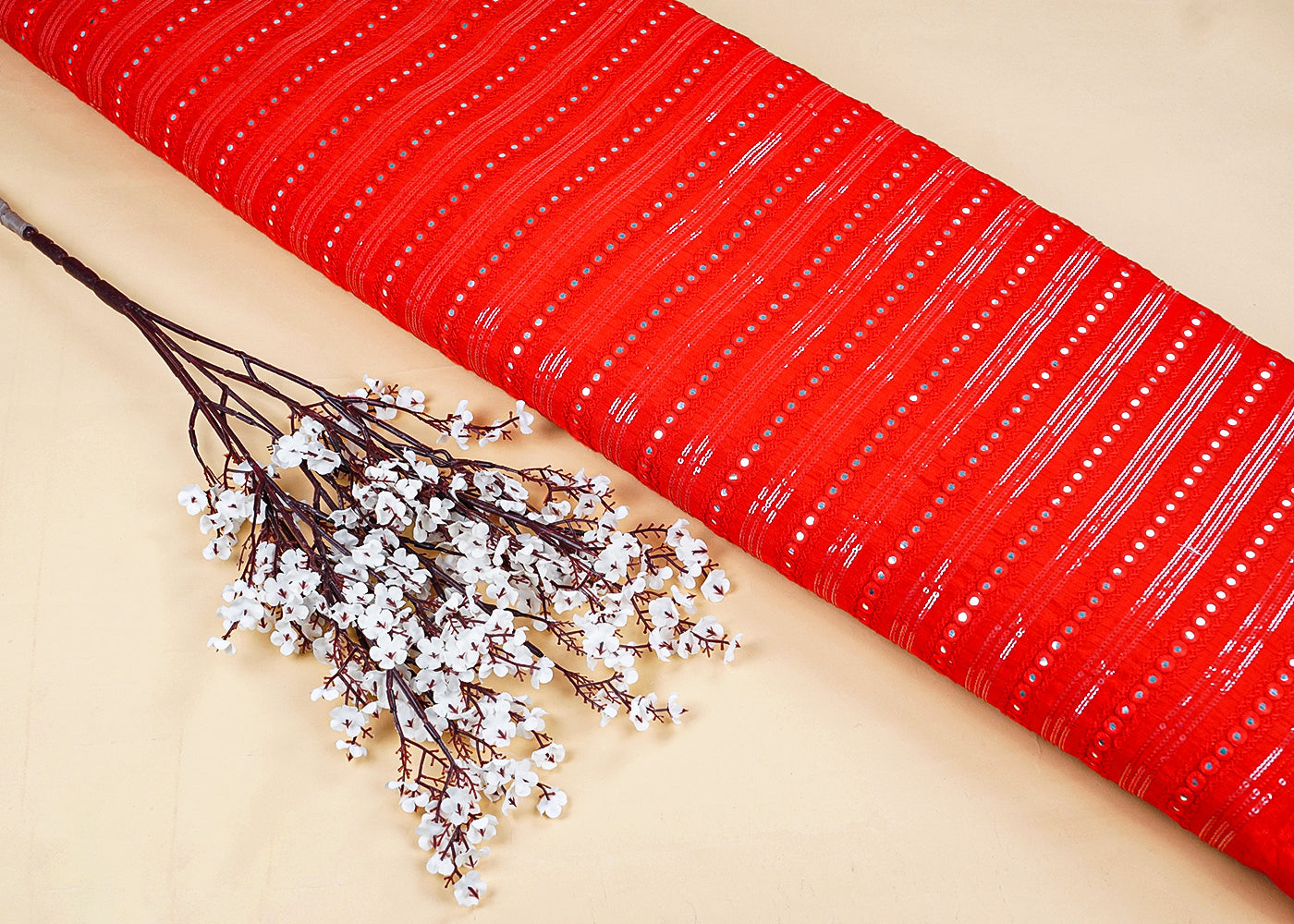 Red Dola Silk Fabric with All-Over Sequins and Faux Mirror Work 15725