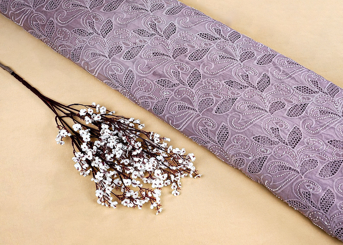 Mauve Crepe Fabric with All-Over Bead & Cutwork and Scalloped Edges 15739