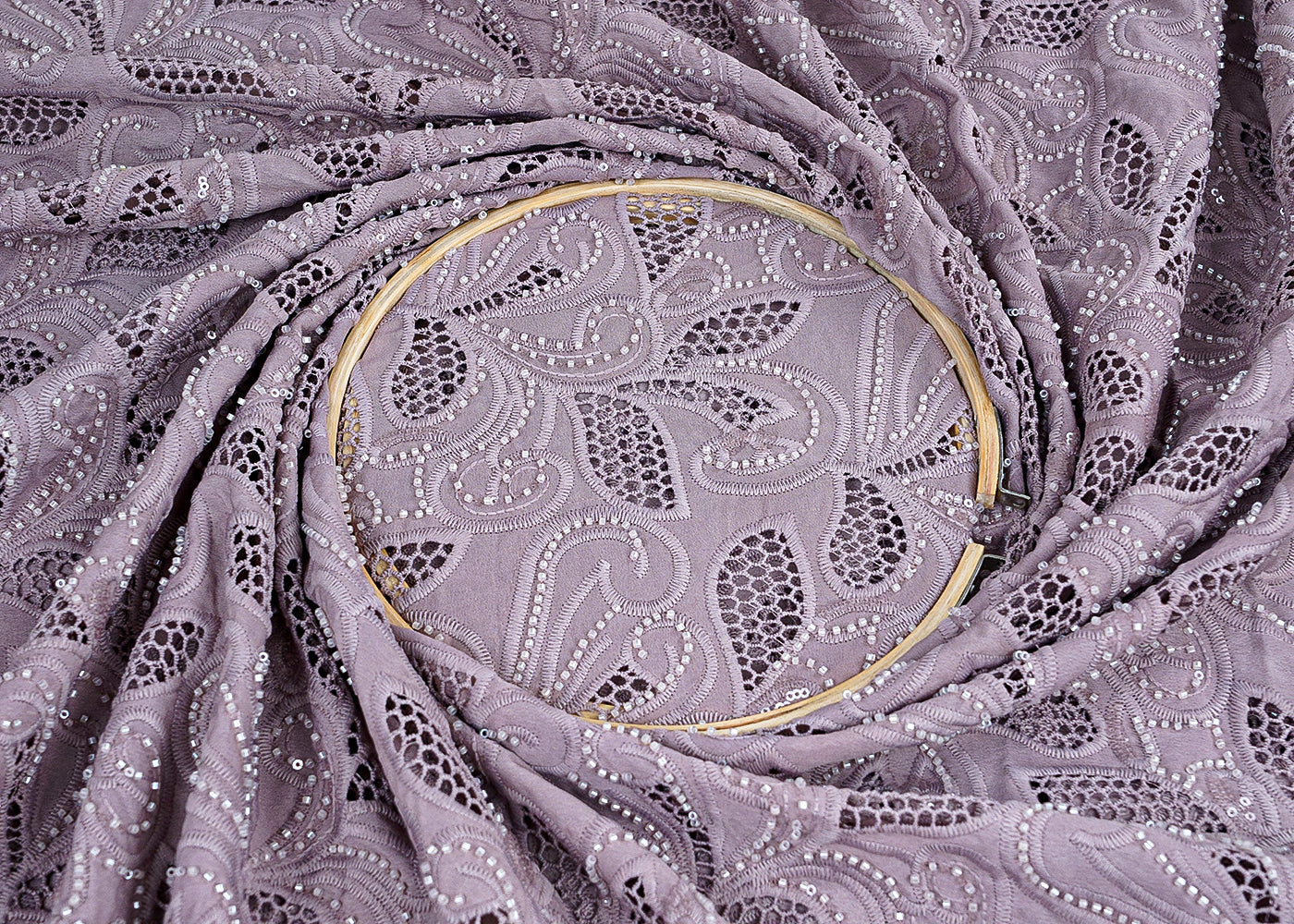Mauve Crepe Fabric with All-Over Bead & Cutwork and Scalloped Edges 15739