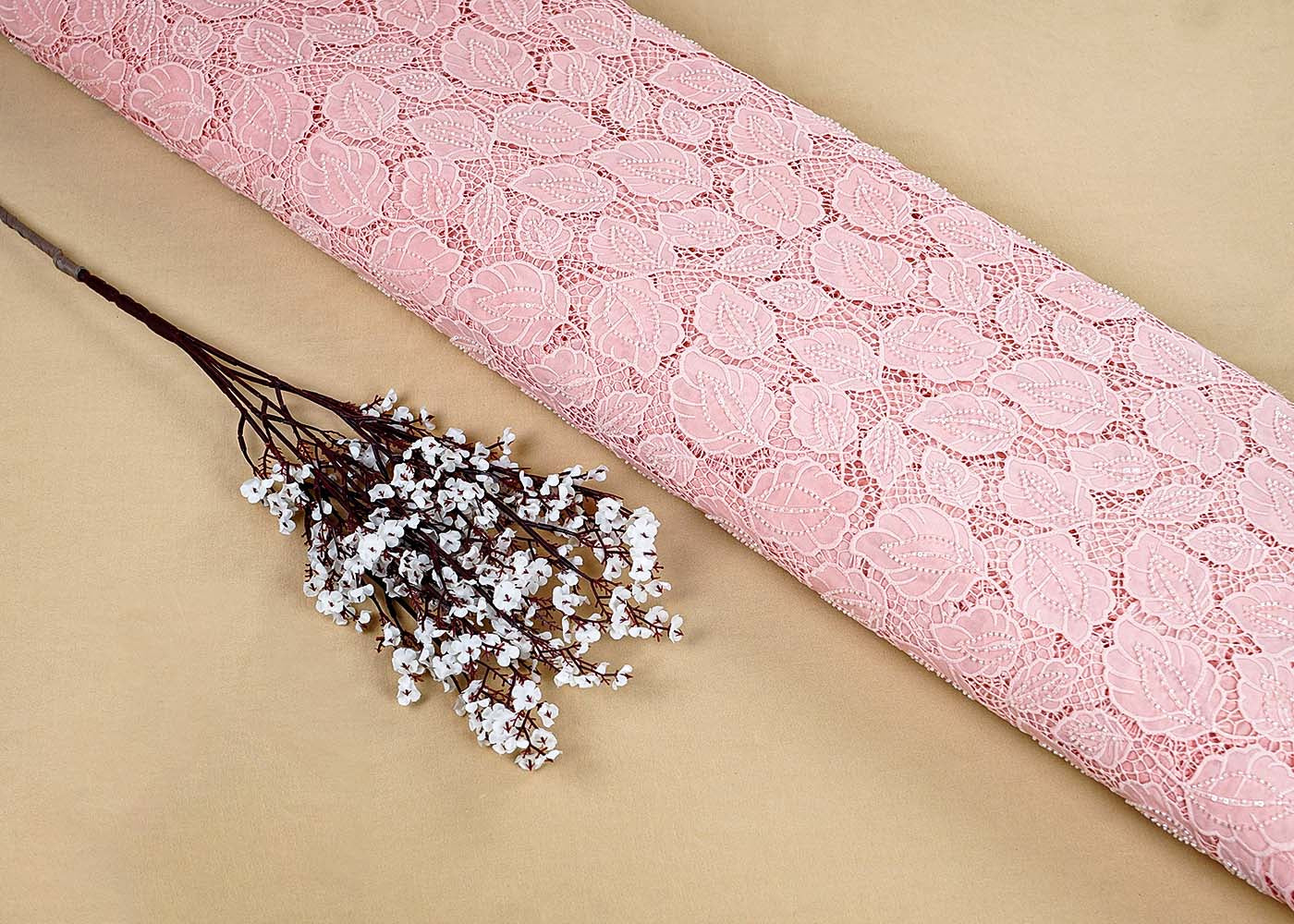 Light Pink Crepe Fabric with All-Over Bead & Cutwork and Scalloped Edges 15740