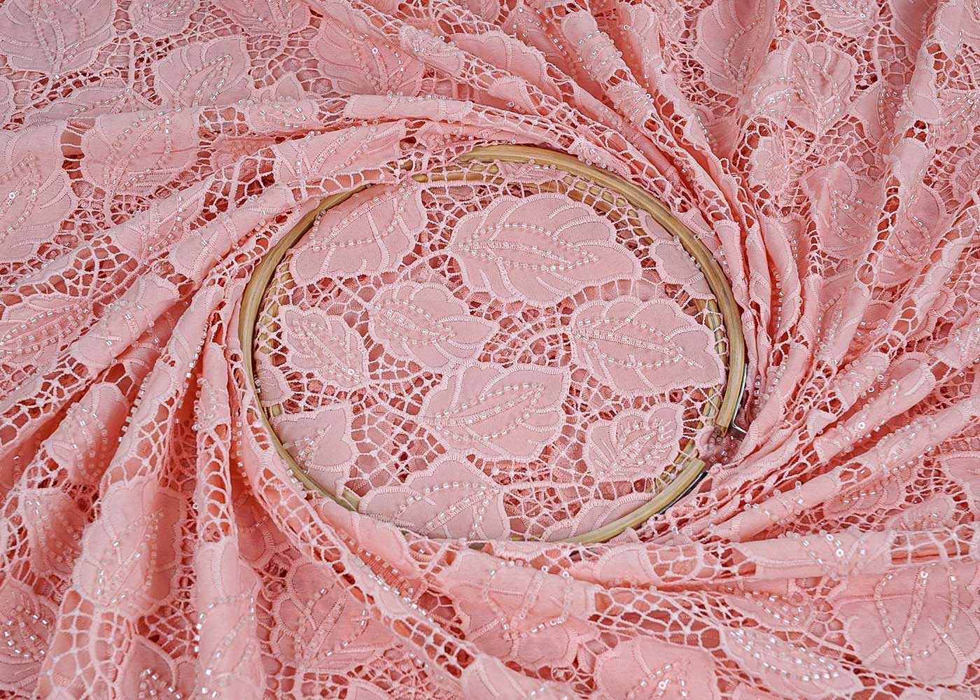 Light Pink Crepe Fabric with All-Over Bead & Cutwork and Scalloped Edges 15740