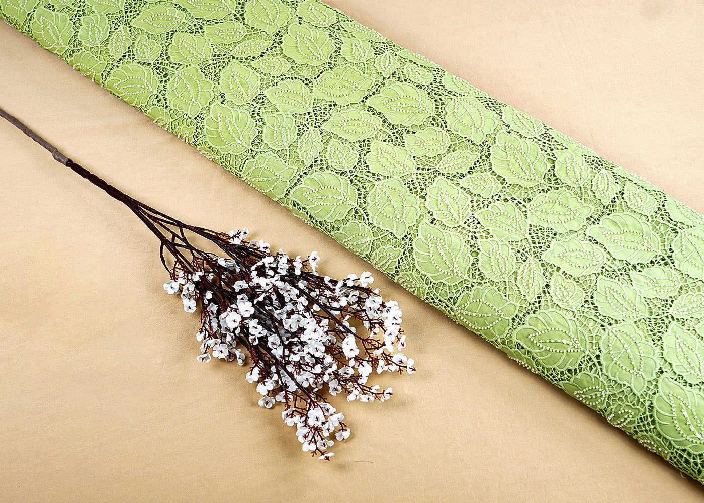 Green Crepe Fabric with All-Over Bead & Cutwork and Scalloped Edges 15741